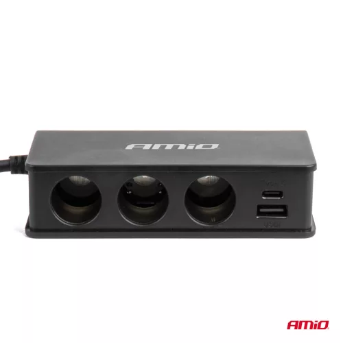 AMiO szivargyújtó-elosztó – töltő 3xUSB-a USB-C QC 3.0 PD 3.0. 148W (04836)