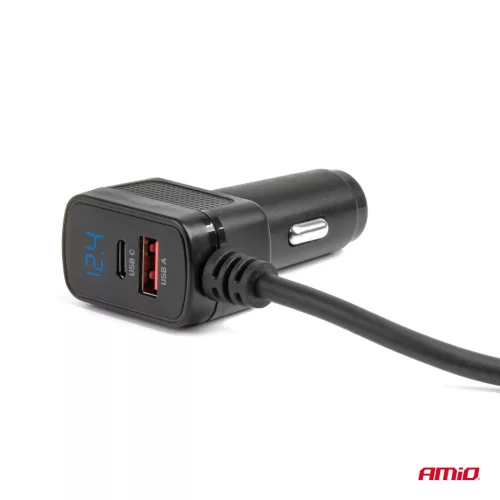 AMiO szivargyújtó-elosztó – töltő 3xUSB-a USB-C QC 3.0 PD 3.0. 148W (04836)