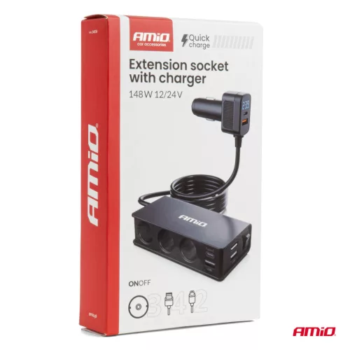 AMiO szivargyújtó-elosztó – töltő 3xUSB-a USB-C QC 3.0 PD 3.0. 148W (04836)