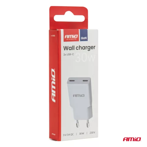 AMiO hálózati töltő 230V 30W GaN 2xUSB-C (04839)