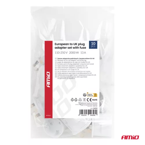 AMiO európai–brit hálózati csatlakozóadapter biztosítékkal, 13 A, 250 V, 10 db (04858)
