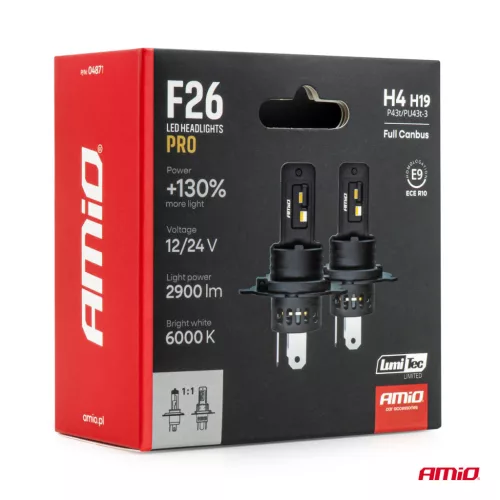 AMiO LED fényszóróizzók sorozat F26 PRO LumiTec LIMITED +130% DUO FULL CANBUS H4 H19 12V 24V (04871)