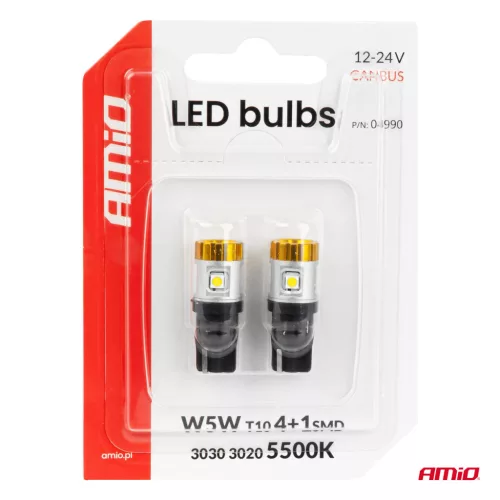 AMiO LED izzók CANBUS T10 3030 4SMD + 3020 1SMD fehér 12/24V (04990)
