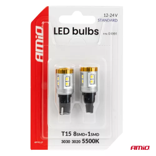 AMiO LED izzók STANDARD T15 3030 8SMD + 3020 1SMD fehér 12/24V (04991)
