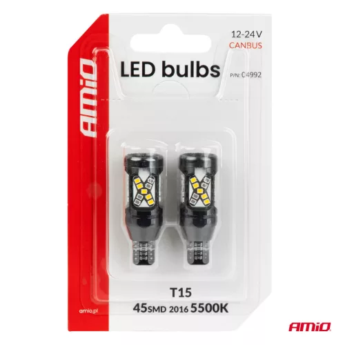 AMiO LED izzók CANBUS T15 2016 45SMD fehér 12/24V (04992)