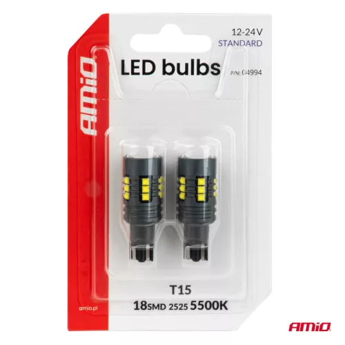 AMiO LED izzók STANDARD T15 2525 18SMD fehér 12/24V (04994)