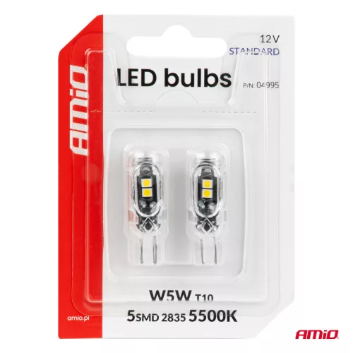 AMiO LED izzók STANDARD T10 2835 5SMD fehér 12V (04995)