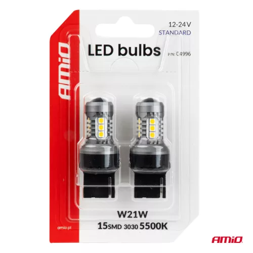 AMiO LED izzók STANDARD 7440 W21W 3030 15SMD fehér 12/24V (04996)