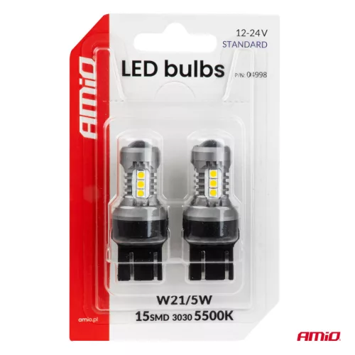 AMiO LED izzók STANDARD 7443 W21/5W 3030 15SMD fehér 12/24V (04998)