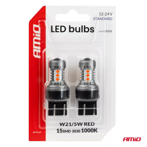 AMiO LED izzók STANDARD 7443 W21/5W 3030 15SMD piros 12/24V (04999)