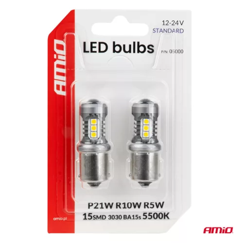 AMiO LED izzók STANDARD BA15S P21W 3030 15SMD fehér 12/24V (05000)