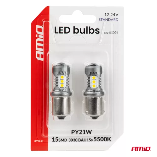 AMiO LED izzók STANDARD BAU15S PY21W 3030 15SMD fehér 12/24V (05001)