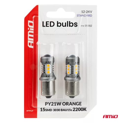 AMiO LED izzók STANDARD BAU15S PY21W 2x1860SMD 3030 15SMD narancssárga 12/24V (05002)