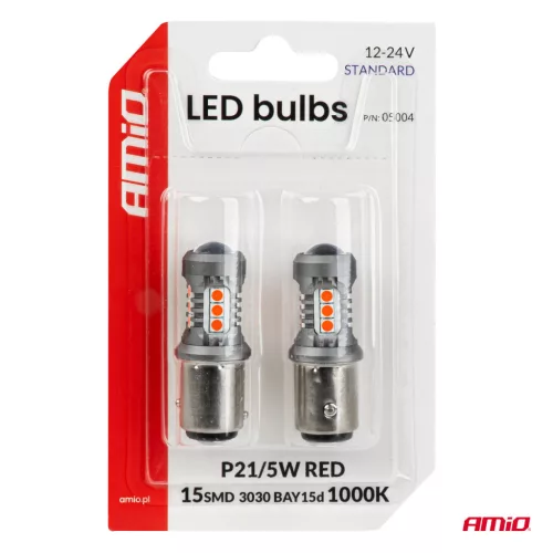 AMiO LED izzók STANDARD BAY15D P21/5W 3030 15SMD piros 12/24V (05004)