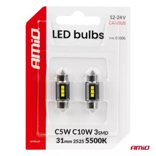 AMiO LED izzók CANBUS 31mm 2525 3SMD fehér 12/24V (05006)