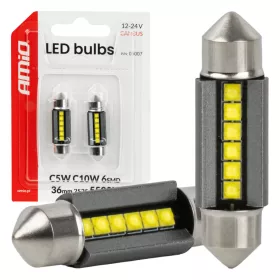 AMiO LED izzók CANBUS 36mm 2525 6SMD fehér 12/24V (05007)