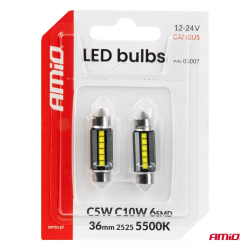 AMiO LED izzók CANBUS 36mm 2525 6SMD fehér 12/24V (05007)