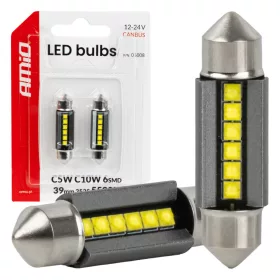 AMiO LED izzók CANBUS 39mm 2525 6SMD fehér 12/24V (05008)