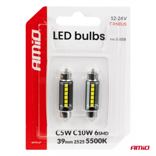 AMiO LED izzók CANBUS 39mm 2525 6SMD fehér 12/24V (05008)