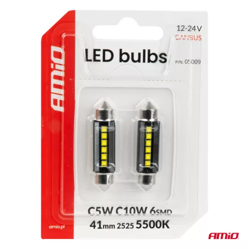 AMiO LED izzók CANBUS 41mm 2525 6SMD fehér 12/24V (05009)