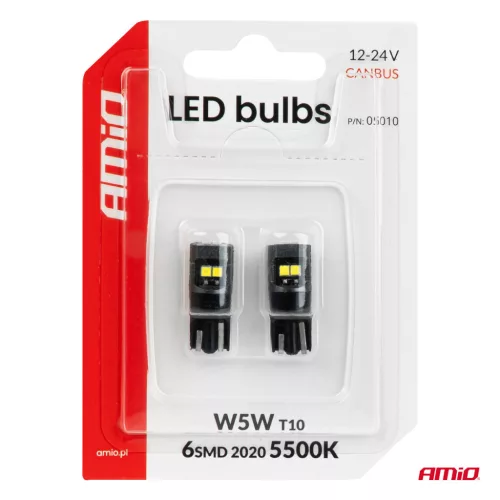 AMiO LED izzók CANBUS T10 2020 6SMD fehér 12/24V (05010)
