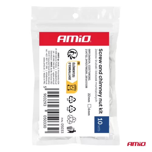 AMiO csavar- és rögzítőpatent-készlet 22 mm ⌀ 6 mm, 10 készlet (05033)
