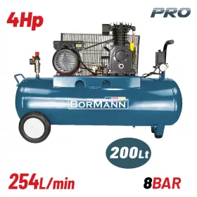   BORMANN Olajkenésű szíjhajtásos légkompresszor 4 LE, 200 literes tartály, 254 l/perc, 8 bar (BAT5018)