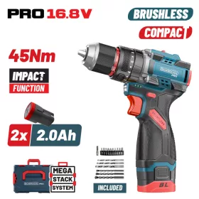   BORMANN Pro Akkus ütvefúró-csavarozó 16,8 V, 45 Nm, szénkefementes, 2×2 Ah akkuval (BBP1645X22CA)
