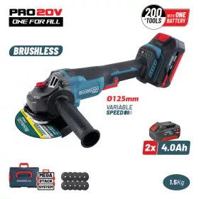   BORMANN Pro Akkus sarokcsiszoló 20 V, 125 mm, szénkefe nélküli motorral, 2 × 4 Ah akkuval (BBP3651X44CA)