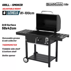   BORMANN ELITE Faszenes grillsütő smoker fedéllel, 59×42 cm grillfelület, hőmérővel és lehajtható oldalsó polcokkal (BBQ1915)