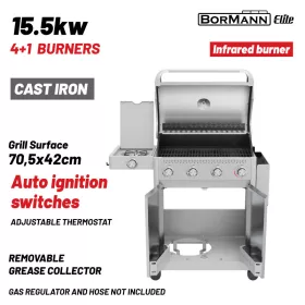   BORMANN ELITE Kerti gázgrill 4+1 égős, 15,5 kW, öntöttvas ráccsal, 70,5 × 42 cm (BBQ7041)