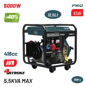   BORMANN Pro Dízel áramfejlesztő 5 kW, 5,5 kW maximális teljesítménnyel, elektromos indítással és ATS csatlakozással (BGB9010)