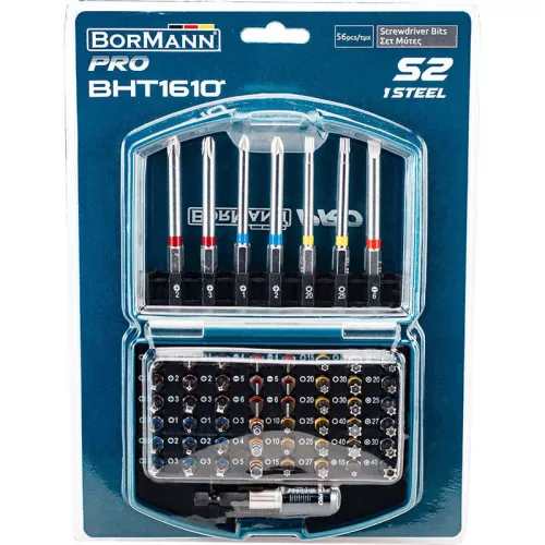 BORMANN Pro Bitkészlet bittartó adapterrel, 25 és 75 mm, S2 acél, 56 részes (BHT1610)