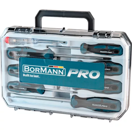 BORMANN Pro Csavarhúzó készlet lapos és Phillips profilokkal, 3 × 75–PH2 × 100 mm, fázisceruzával, S2 acél, 8 részes (BHT1664)