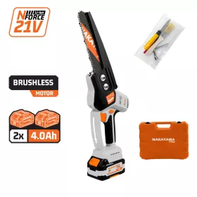   NAKAYAMA Pro Láncfűrész akkus metszéshez, szénkefementes, 21 V, 20 cm, 2 × 4,0 Ah akkuval, töltővel és kofferrel (EC1214X44C)