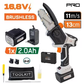   NAKAYAMA PRO Akkumulátoros mini láncfűrész készlet 16.8V, szénkefe nélküli motorral, 13 cm vezetővel, 1/4" 32 szemes lánccal, 2.0Ah Li-Ion akkuval, kofferben (EC1500)