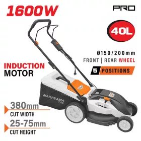   Elektromos fűnyíró 1600 W, indukciós motor, 38 cm vágásszélesség, 40 literes fűgyűjtővel, központi magasságállítás (EM4016)