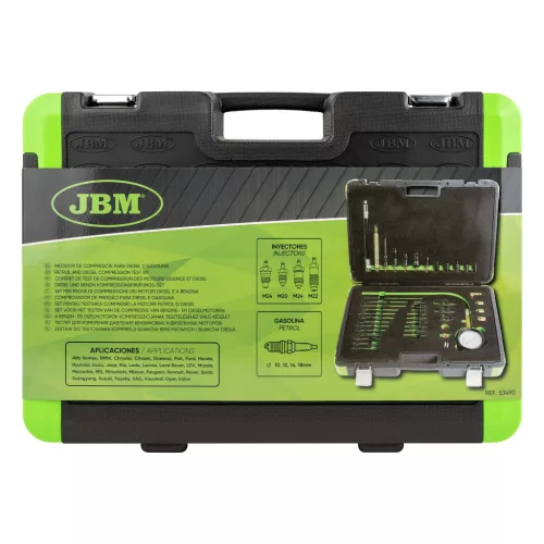 JBM Kompressziómérő készlet benzin- és dízelmotorokhoz, 44 részes, M10–M18 adapterekkel (53490)