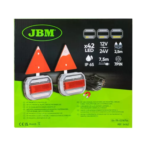 JBM Utánfutó lámpa készlet mágneses rögzítéssel, 2 LED lámpa + 2 háromszög fényvisszaverő, 12–24 V, IP65 (54162)