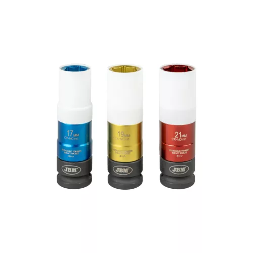 JBM Nyomatékhatároló kerékcsavar dugókulcs készlet ütvecsavarozóhoz, 17–21 mm, 115 Nm, 3 részes (54548)