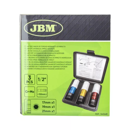 JBM Nyomatékhatároló kerékcsavar dugókulcs készlet ütvecsavarozóhoz, 17–21 mm, 115 Nm, 3 részes (54548)