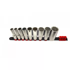   KROFtools Dugókulcs készlet sínen 1/2”, 9 részes, hosszú 12 szögű fejekkel (1238)