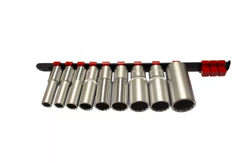 KROFtools Dugókulcs készlet sínen 1/2”, 9 részes, hosszú 12 szögű fejekkel (1238)