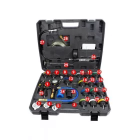   KROFtools Hűtőrendszer nyomáspróbázó és feltöltő készlet, 28 részes (Hűtőkör szivárgásvizsgáló / Hűtőrendszer teszter) (2514)