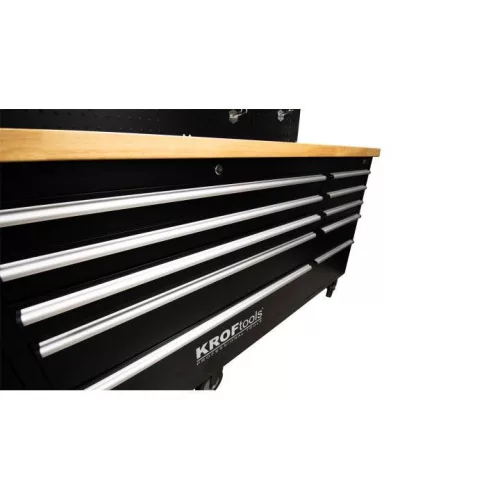 KROFtools Mobil műhely munkapad 2133 mm hosszú, 10 fiókkal, 38 mm vastag fa munkafelülettel (8631)