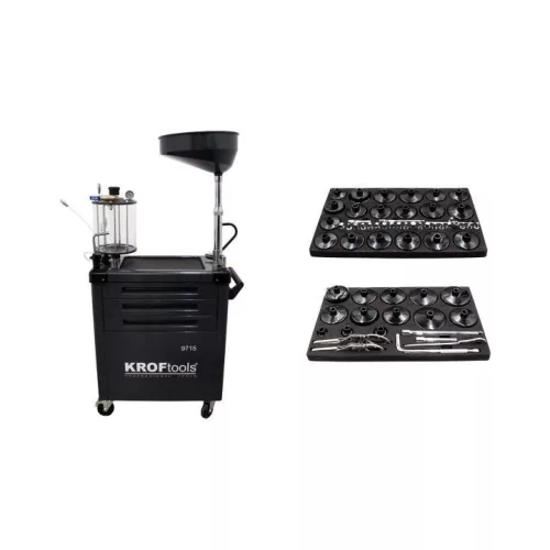 KROFtools Fáradtolaj-leszívó berendezés mérőedénnyel, 90 literes, 3 fiókos, 61 részes szerszámkészlettel (9715)