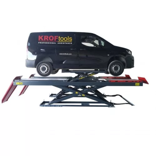 KROFtools Kettős ollós futóműállító emelő alacsony profilú kivitelben, 5,5 t, 220–1860 mm, LED-világítással (9823)