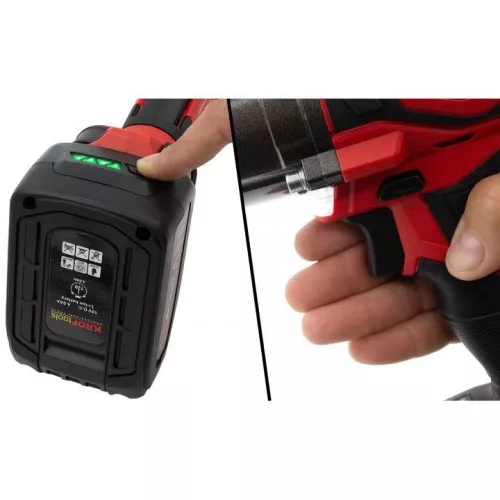 KROFtools  Akkumulátoros ÜTVECSAVAROZÓ 1/2"-OS 400 Nm + SARKCSISZOLÓ KÉSZLET - 18 V,  115 mm , készlet 4 Ah akkuval + töltővel(9910)