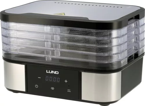 LUND Aszalógép gyümölcshöz, zöldséghez, gombához és húshoz, 5 rozsdamentes tálcával, 380 W, 35–75 °C (68281)
