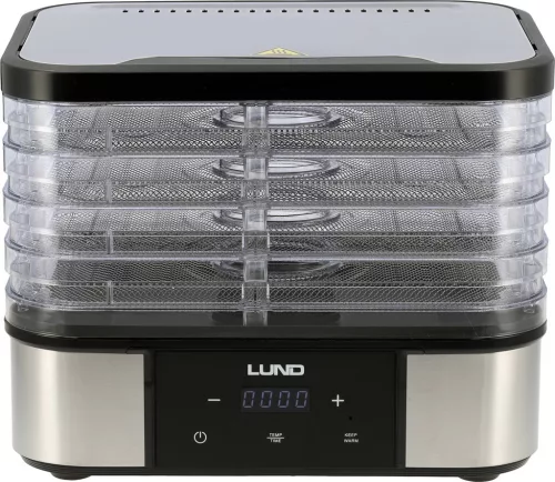 LUND Aszalógép gyümölcshöz, zöldséghez, gombához és húshoz, 5 rozsdamentes tálcával, 380 W, 35–75 °C (68281)